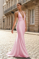 Plunge Neck Light Pink Mermaid Satin Long Prom Dress - KISSPROM PROM DRESSES