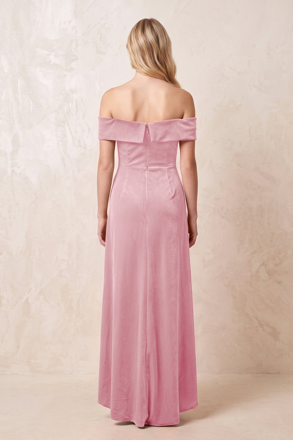 Blush Pink Off-the-Shoulder Sheath Velvet Midi Bridesmaid Dress - KISSPROM