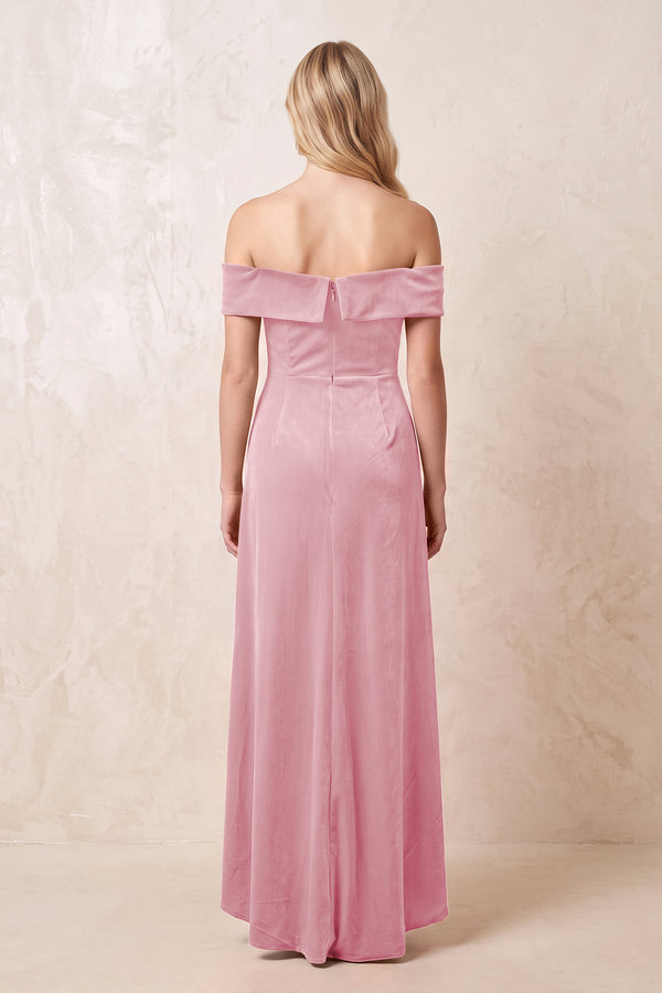 Blush Pink Off-the-Shoulder Sheath Velvet Midi Bridesmaid Dress - KISSPROM