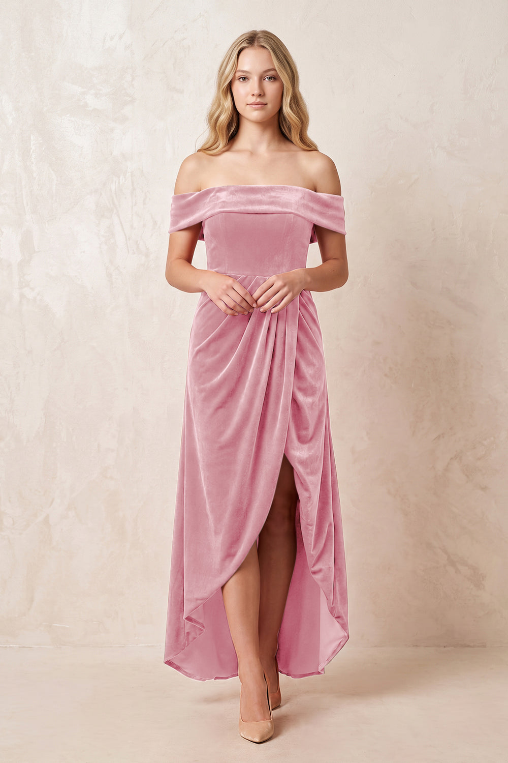 Blush Pink Off-the-Shoulder Sheath Velvet Midi Bridesmaid Dress - KISSPROM