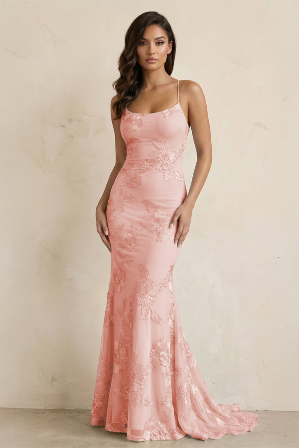 KissProm- Blush Pink Spaghetti Straps Mermaid Tulle Long Prom Dresses With Appliques