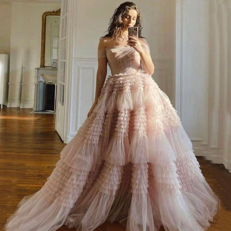 Zariah | Blush Princess A line Off Shoulder Ruffled Tulle Prom Dress