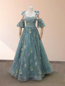 Boho A - Line Tulle Off - the - Shoulder Floor - Length 3D Yellow Embroidery Floral Quinceanera Dress with Petticoat - KissProm
