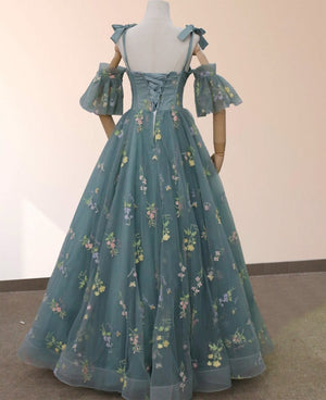 Boho A - Line Tulle Off - the - Shoulder Floor - Length 3D Yellow Embroidery Floral Quinceanera Dress with Petticoat - KissProm