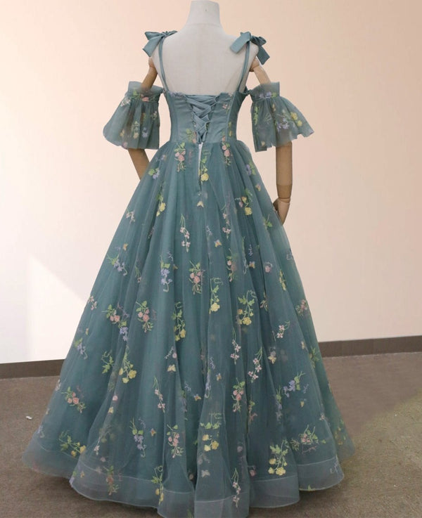 Boho A - Line Tulle Off - the - Shoulder Floor - Length 3D Yellow Embroidery Floral Quinceanera Dress with Petticoat - KissProm