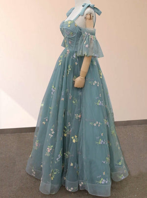 Boho A - Line Tulle Off - the - Shoulder Floor - Length 3D Yellow Embroidery Floral Quinceanera Dress with Petticoat - KissProm