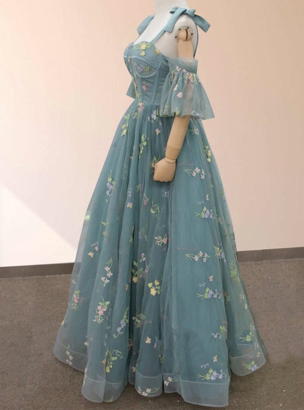 Boho A - Line Tulle Off - the - Shoulder Floor - Length 3D Yellow Embroidery Floral Quinceanera Dress with Petticoat - KissProm