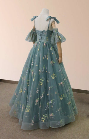 Boho A - Line Tulle Off - the - Shoulder Floor - Length 3D Yellow Embroidery Floral Quinceanera Dress with Petticoat - KissProm