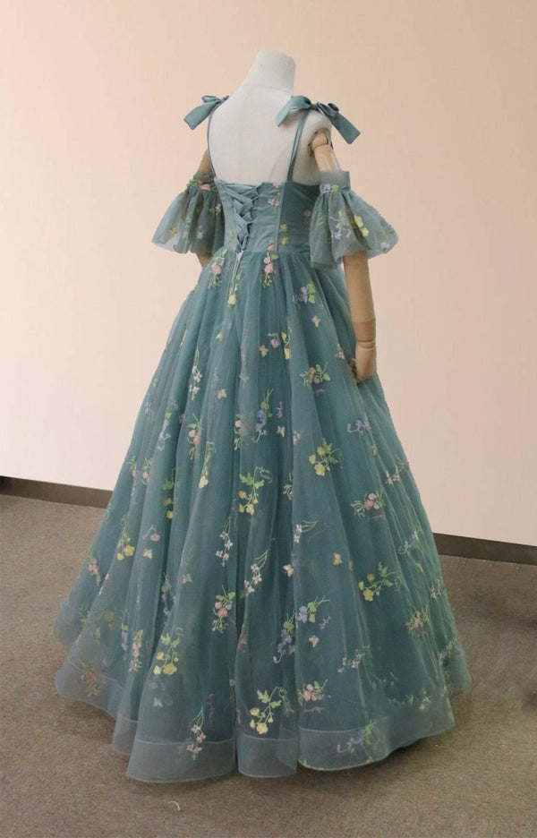 Boho A - Line Tulle Off - the - Shoulder Floor - Length 3D Yellow Embroidery Floral Quinceanera Dress with Petticoat - KissProm