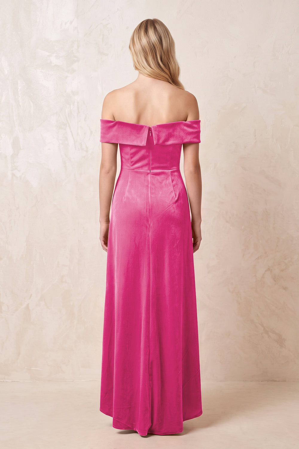 Bon Bon Pink Off-the-Shoulder Sheath Velvet Midi Bridesmaid Dress - KISSPROM