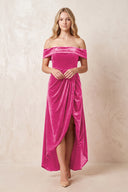 Bon Bon Pink Off-the-Shoulder Sheath Velvet Midi Bridesmaid Dress - KISSPROM