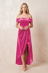 Bon Bon Pink Off-the-Shoulder Sheath Velvet Midi Bridesmaid Dress - KISSPROM