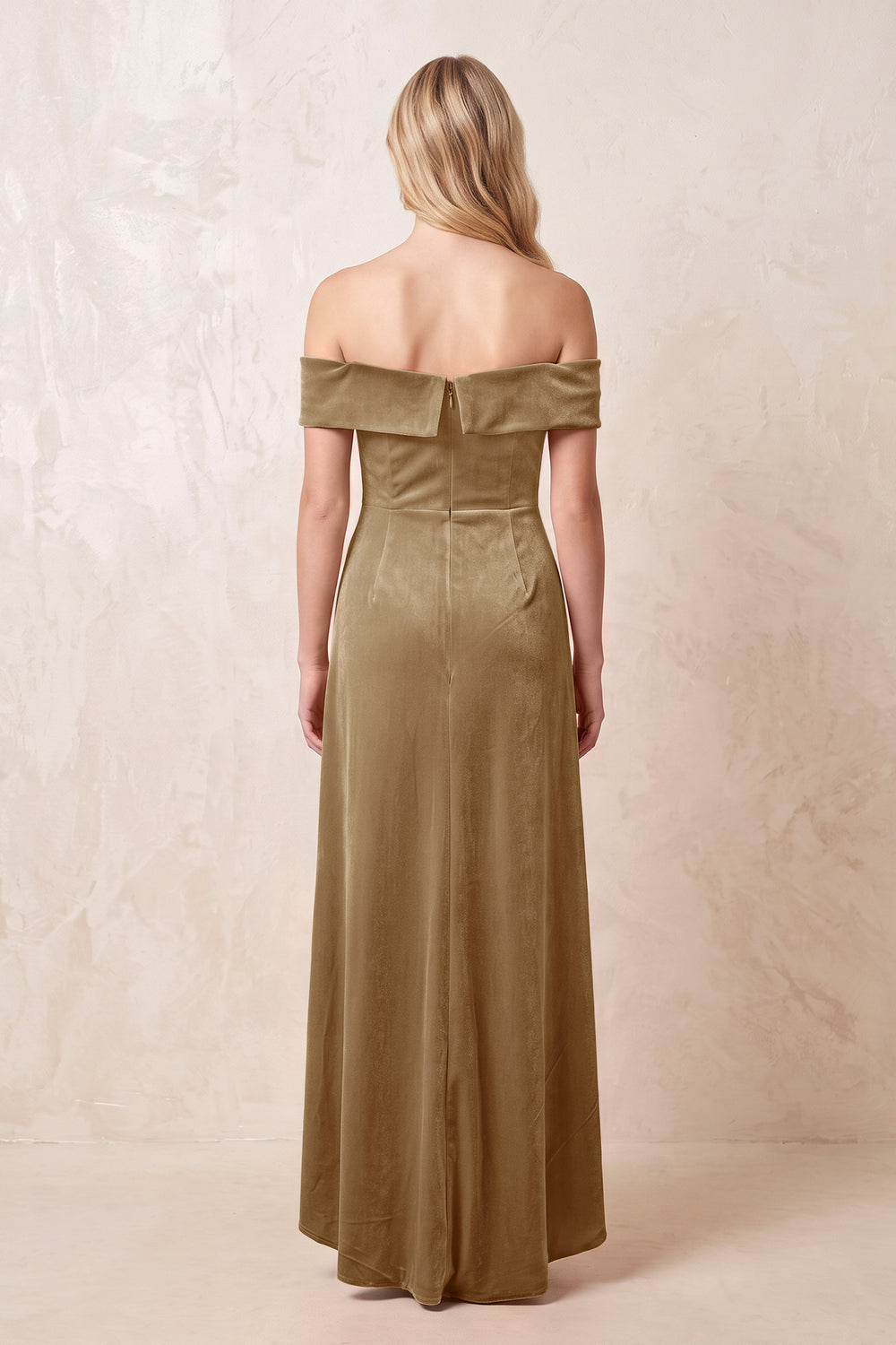 Bronzer Off-the-Shoulder Sheath Velvet Midi Bridesmaid Dress - KISSPROM