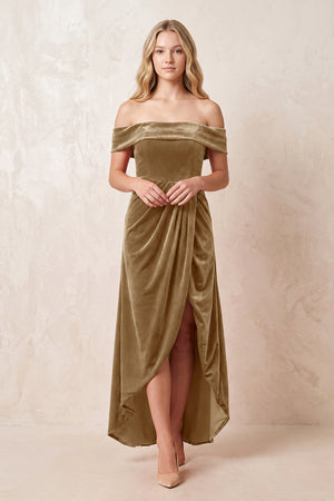 Bronzer Off-the-Shoulder Sheath Velvet Midi Bridesmaid Dress - KISSPROM