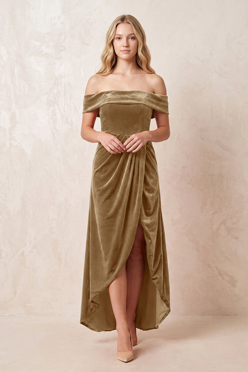 Bronzer Off-the-Shoulder Sheath Velvet Midi Bridesmaid Dress - KISSPROM
