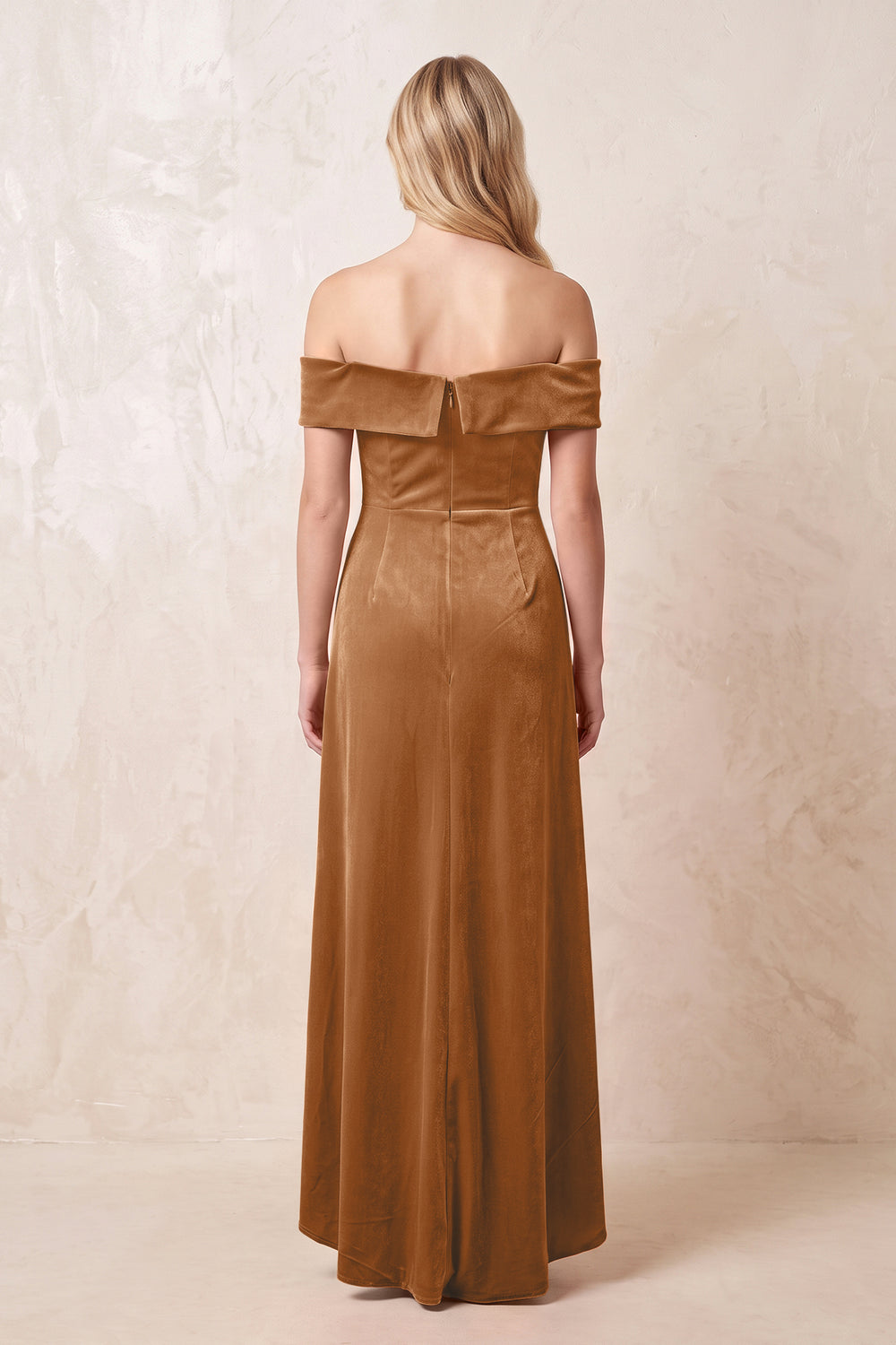 Brown Off-the-Shoulder Sheath Velvet Midi Bridesmaid Dress - KISSPROM