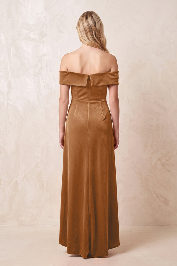 Brown Off-the-Shoulder Sheath Velvet Midi Bridesmaid Dress - KISSPROM