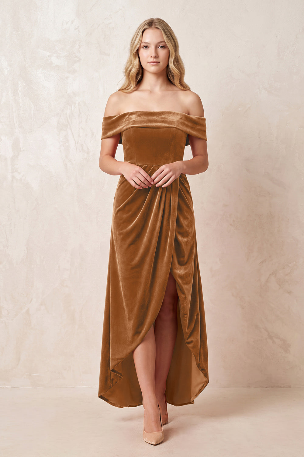 Brown Off-the-Shoulder Sheath Velvet Midi Bridesmaid Dress - KISSPROM