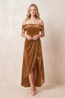 Brown Off-the-Shoulder Sheath Velvet Midi Bridesmaid Dress - KISSPROM