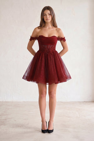 Burgundy A Line Off the Shoulder Lace Corset Sequined Homecoming Dresses - KISSPROM