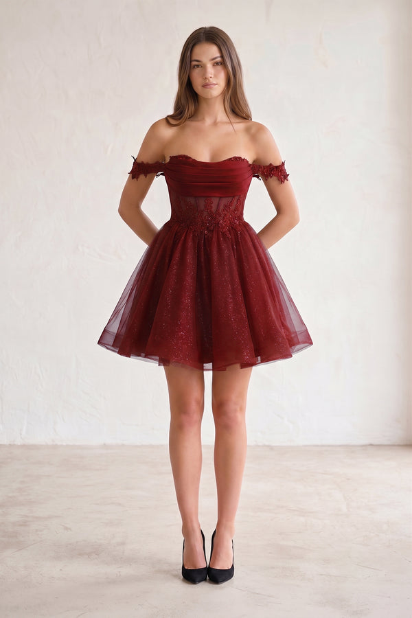 Burgundy A Line Off the Shoulder Lace Corset Sequined Homecoming Dresses - KISSPROM