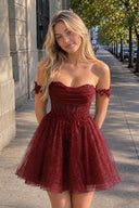 Burgundy A Line Off the Shoulder Lace Corset Sequined Homecoming Dresses - KISSPROM