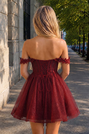Burgundy A Line Off the Shoulder Lace Corset Sequined Homecoming Dresses - KISSPROM