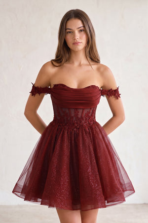 Burgundy A Line Off the Shoulder Lace Corset Sequined Homecoming Dresses - KISSPROM