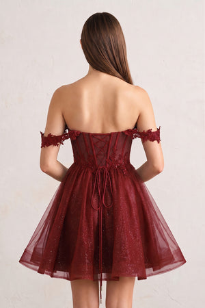 Burgundy A Line Off the Shoulder Lace Corset Sequined Homecoming Dresses - KISSPROM