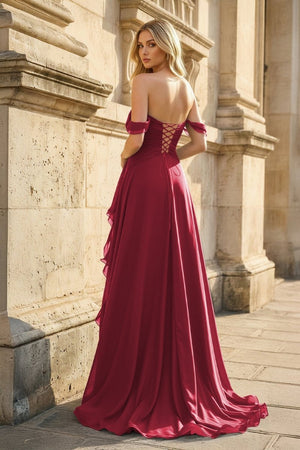 Burgundy Off The Shoulder A Line Chiffon Pleated Long Prom Dresses With Slit - KissProm