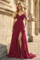 Burgundy Off The Shoulder A Line Chiffon Pleated Long Prom Dresses With Slit - KissProm