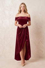 Burgundy Off-the-Shoulder Sheath Velvet Midi Bridesmaid Dress - KISSPROM