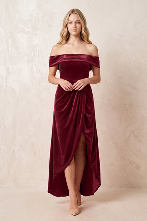 Burgundy Off-the-Shoulder Sheath Velvet Midi Bridesmaid Dress - KISSPROM