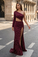 Sheath One Shoulder Red Sequins Long Prom Dress with Silt - KISSPROM PROM DRESSES