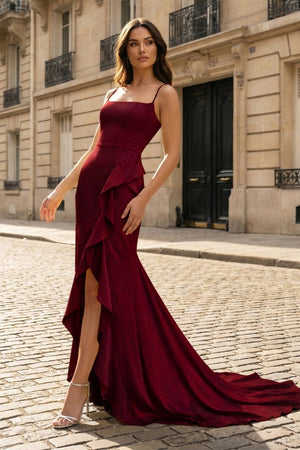 Yellow Spaghetti Straps Mermaid Satin Formal Prom Dress - KissProm