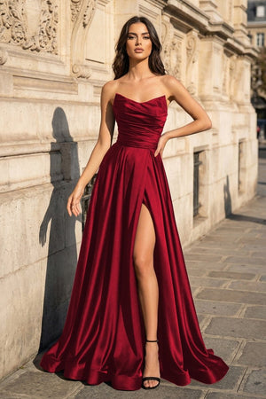 A Line Black Strapless Satin Prom Dresses With Slit - KissProm