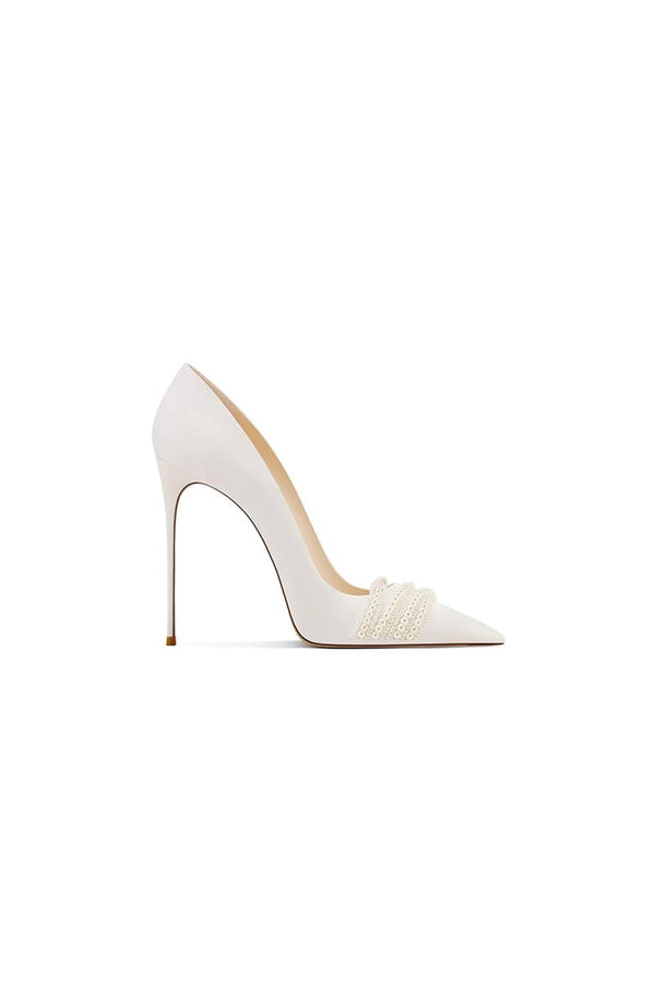 Burgundy Leather Upper Pearl Mid Heel Pumps - KissProm