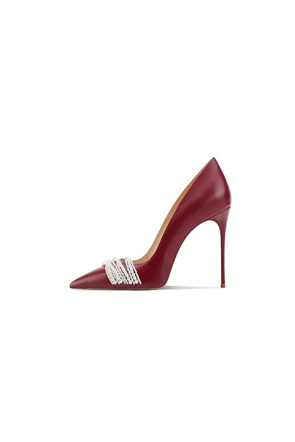 Burgundy Leather Upper Pearl Mid Heel Pumps - KissProm