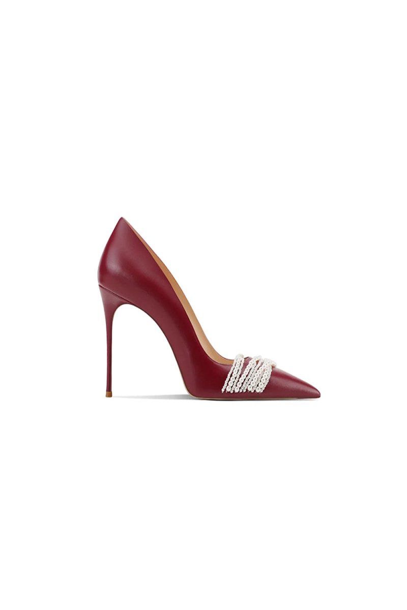 Burgundy Leather Upper Pearl Mid Heel Pumps - KissProm