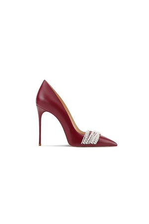 Burgundy Leather Upper Pearl Mid Heel Pumps - KissProm