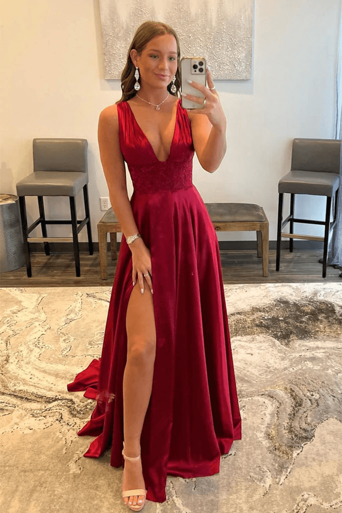 Novah | Burgundy V Neck Lace Long Prom Evening Dress with High Slit