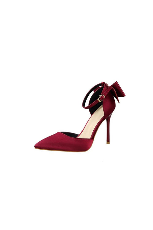 Burgundy Satin Prom Heels with Bowknot - KissProm