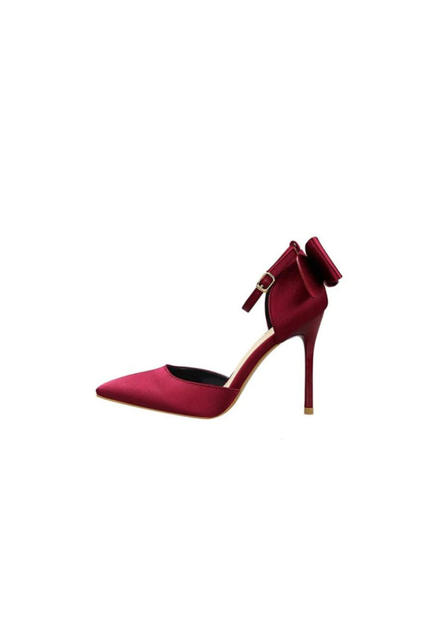 Burgundy Satin Prom Heels with Bowknot - KissProm