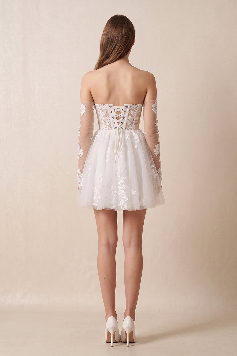 Off - the - Shoulder Flower Appliqued Tulle A - Line Mini Wedding Dress - KissProm Wedding Dresses