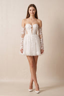Off - the - Shoulder Flower Appliqued Tulle A - Line Mini Wedding Dress - KissProm Wedding Dresses