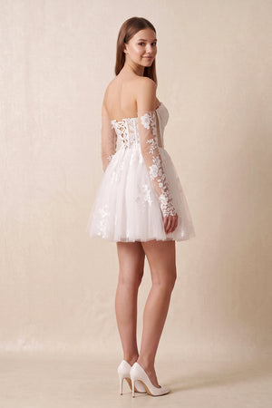 Off - the - Shoulder Flower Appliqued Tulle A - Line Mini Wedding Dress - KissProm Wedding Dresses