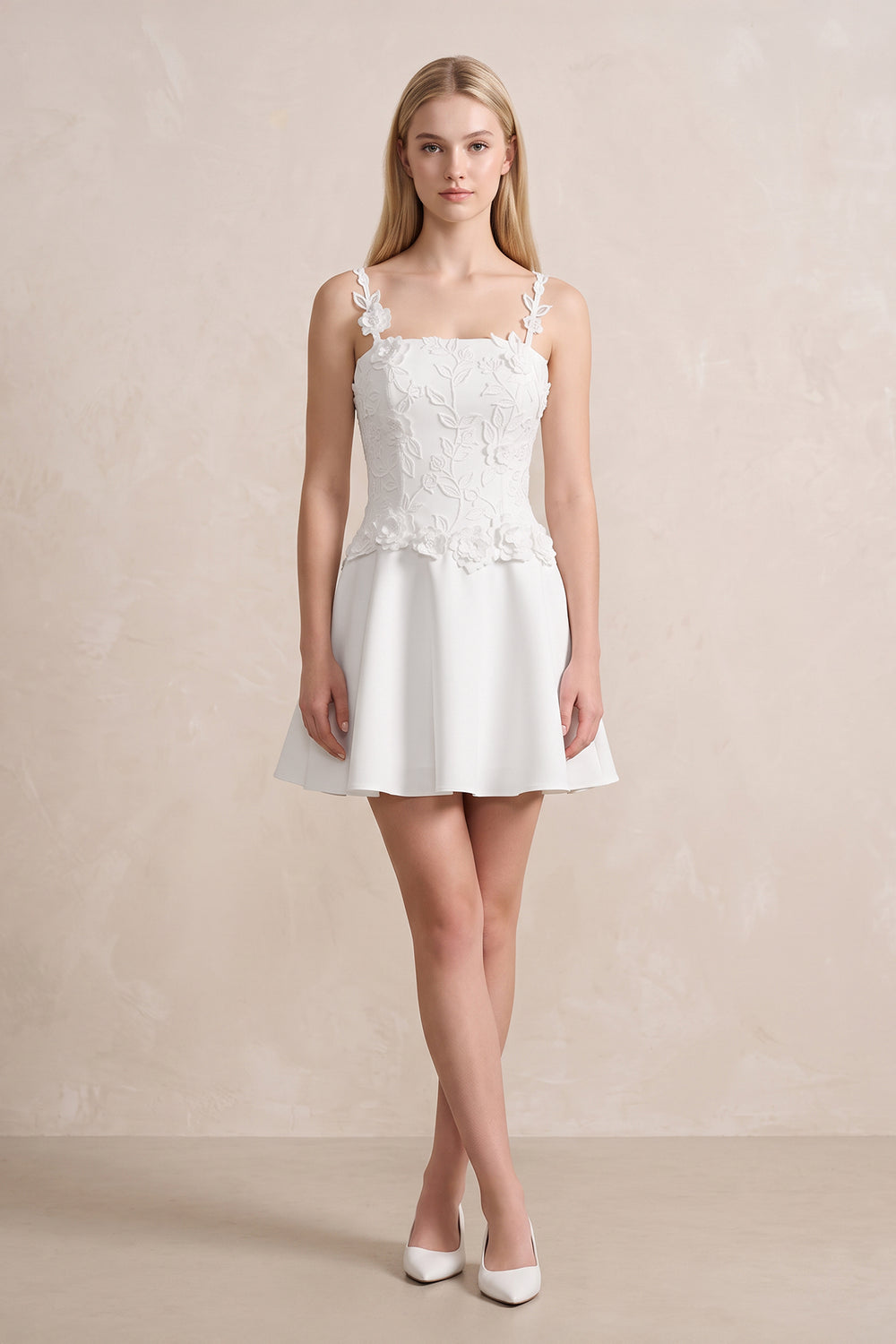 3D Flower A - Line Satin Mini Wedding Dress in White - KissProm Wedding Dresses