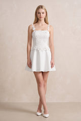 3D Flower A - Line Satin Mini Wedding Dress in White - KissProm Wedding Dresses