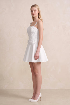 3D Flower A - Line Satin Mini Wedding Dress in White - KissProm Wedding Dresses