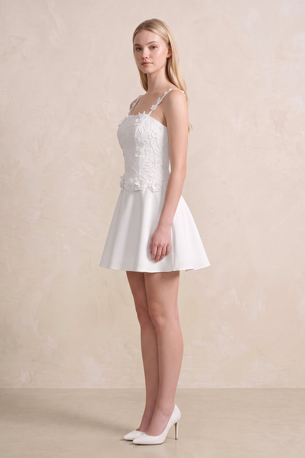 3D Flower A - Line Satin Mini Wedding Dress in White - KissProm Wedding Dresses